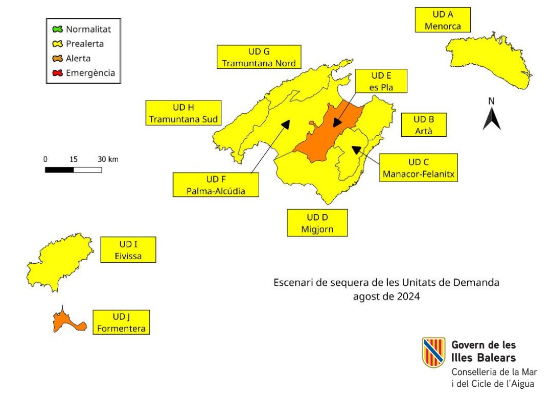 Les reserves hídriques a les Illes Balears han arribat al seu punt més baix aquest estiu, situant-se al 43% durant el mes d'agost. Aquesta xifra reflecteix un descens de tres punts percentuals respecte al mes anterior i vuit punts menys en comparació amb el mateix període de l'any passat, quan les reserves estaven al 51%. Aquesta davallada ha activat un seguiment intensiu i una gestió més estricta dels recursos disponibles, especialment a les zones més afectades. Un dels canvis més significatius ha estat l'entrada en alerta de la Unitat de Demanda (UD) d’es Pla. Amb aquest nou escenari, entren en vigor les mesures del Pla Especial d'Actuacions en Situació d'Alerta i Sequera de les Illes Balears. Això implica que ajuntaments i entitats gestores sense connexió a dessalinitzadores han de limitar obligatòriament el reg de jardins, la neteja de carrers, així com l'ús d'aigua per a fins ornamentals i les dutxes de platja. A més, les empreses que subministren aigua mitjançant camions estan obligades a substituir el cinquanta per cent del volum total per aigua dessalada, sempre que es trobin dins un radi de quinze quilòmetres d’un dispensador d’aigua dessalada. Per altra banda, els habitatges en sòl rústic han de reduir el consum d'aigua en un vint per cent. També es demana a les administracions vinculades a educació i turisme que informin sobre l'estat d'alerta amb l'objectiu de conscienciar la població i fomentar el compliment de les restriccions. Actualment, hi ha dues unitats de demanda en alerta: es Pla i Formentera. Les altres set, que cobreixen el 82,2% del territori, es mantenen en prealerta: Menorca, Artà, Manacor-Felanitx, Migjorn, Palma-Alcúdia, Tramuntana Nord, Tramuntana Sud i Eivissa. Pel que fa a l'evolució de les reserves hídriques, set unitats han registrat una disminució en els seus nivells: Artà, Manacor-Felanitx, Migjorn, Tramuntana Nord, Tramuntana Sud, Menorca i Formentera. En canvi, es Pla, Palma-Alcúdia i Eivissa han experimentat un augment. L'índex general de la demarcació ha baixat a 0,364, en comparació amb l'any anterior, quan era de 0,419, i fa dos anys, quan era de 0,417. Per illes, Mallorca ha vist una reducció de les seves reserves, passant del 47% al 43%. A Menorca, el descens ha estat més notable, amb una caiguda del 44% al 39%. Eivissa, per la seva banda, es manté estable al 32%. A nivell global, la situació de les reserves és menys favorable que l'any passat. Aquest descens en les reserves contrasta amb el mes d'agost, que ha estat marcat per un episodi de pluges intenses, provocades per una DANA entre els dies 14 i 16. Menorca ha estat especialment afectada, amb unes precipitacions de cent nou litres per metre quadrat, molt per sobre de la mitjana habitual de quinze litres per metre quadrat. A Mallorca, les pluges també han estat superiors a la mitjana, amb cinquanta-nou litres per metre quadrat, enfront dels vint litres per metre quadrat habituals. Eivissa va registrar trenta-sis litres per metre quadrat, quan normalment en té divuit litres per metre quadrat. A Formentera, les pluges es van mantenir dins la normalitat amb set litres per metre quadrat. Pel que fa al percentatge de precipitació acumulada anual, Balears es troba al 76%, amb Mallorca al 77%, Menorca al 84% i les Pitiüses al 56%. A més, el mes d'agost ha estat notablement càlid, amb una temperatura mitjana de vint-i-sis coma quatre graus centígrads, un grau per sobre de la mitjana habitual. Tenint en compte la situació actual, les precipitacions registrades i l'època de l'any, es preveu que les reserves hídriques de les Balears experimentin una lleugera recuperació durant el mes de setembre.
