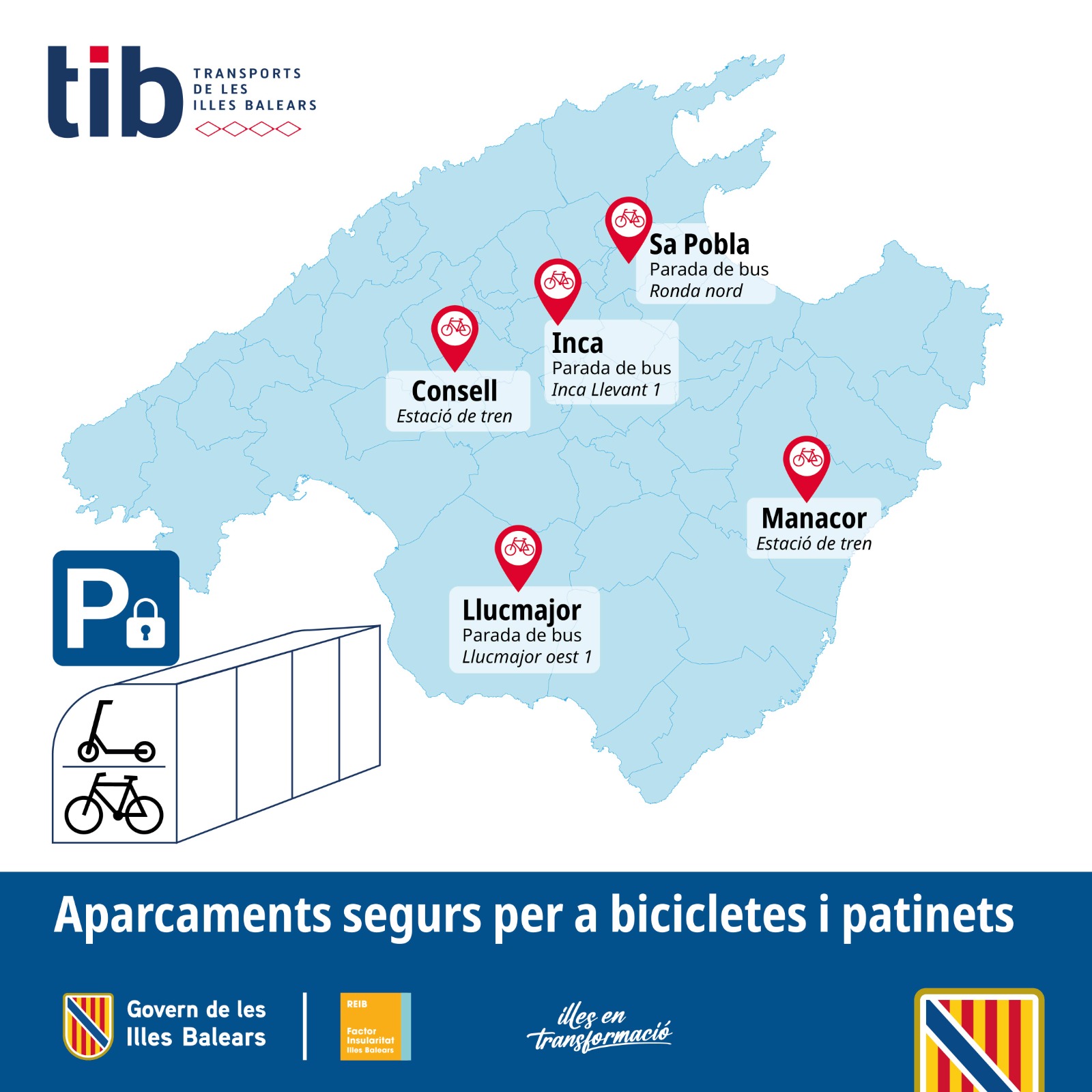 Les estacions d'Inca, sa Pobla, Llucmajor, Manacor i Consell tendran aparcaments segurs per a bicis i patinets