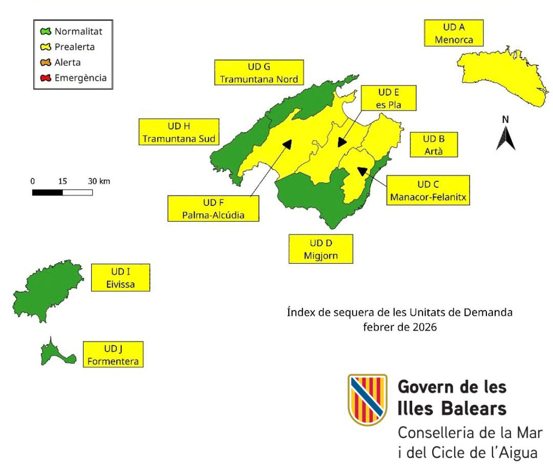 Les reserves hídriques de les Illes Balears han experimentat una recuperació durant el mes de febrer i s’han situat en el 58%, set punts per damunt del registre de gener, quan es trobaven en el 51%. La xifra també supera la registrada fa un any, quan el nivell de reserves era igualment del 51%. L’evolució positiva es reflecteix especialment a Mallorca, on les reserves han passat del 51% al 59%. A Menorca l’increment ha estat més moderat, del 47% al 48%, mentre que a Eivissa l’augment ha estat més notable, amb un salt del 51% al 62%. L’índex de sequera de la demarcació hidrogràfica se situa actualment en 0,521, una xifra superior a la registrada fa un any (0,457) i també a la de fa dos anys (0,464). Pel que fa a les unitats de demanda d’aigua, vuit han registrat increments durant el febrer: Menorca, Artà, Manacor-Felanitx, Migjorn, es Pla, Palma-Alcúdia, Tramuntana Sud i Eivissa. En canvi, les unitats de Tramuntana Nord i Formentera han experimentat un lleuger descens. Els augments més destacats corresponen a Eivissa, Tramuntana Sud, Palma-Alcúdia, Artà i es Pla. Actualment, el 44,2% del territori —corresponent a les unitats de demanda de Formentera, Migjorn, Tramuntana Nord, Tramuntana Sud i Eivissa— es troba en situació de normalitat. El 55,8% restant —Menorca, Artà, Manacor-Felanitx, Palma-Alcúdia i es Pla— es manté en escenari de prealerta. Un dels canvis més significatius del mes és la sortida de la unitat de demanda d’Artà de l’escenari d’alerta per sequera. Al gener era l’única zona de les Illes que es trobava en aquesta situació, però ara passa a prealerta. Amb aquest moviment, les Balears queden sense cap unitat en nivell d’alerta. Un febrer molt sec i amb temperatures elevades Malgrat la millora de les reserves, el febrer ha estat un mes molt sec a l’arxipèlag. Segons dades de l’Agència Estatal de Meteorologia (AEMET), la precipitació mitjana s’ha situat en 10,1 litres per metre quadrat, molt per davall dels 48,2 litres habituals per a aquest període. Això representa aproximadament un 80% menys de pluja del que és normal. Per illes, les precipitacions registrades han estat de 10,1 l/m² a Mallorca, 14,1 l/m² a Menorca, 8,3 l/m² a Eivissa i 6,9 l/m² a Formentera, totes elles clarament inferiors als valors habituals. Tot i aquesta manca de pluja durant el febrer, l’evolució de les reserves reflecteix l’impacte de les precipitacions acumulades durant els mesos anteriors, que han contribuït a la recuperació dels aqüífers. De fet, la precipitació interanual a les Balears se situa actualment en el 108% de la mitjana climàtica: un 103% a Mallorca, un 122% a Menorca i un 121% a les Pitiüses. Pel que fa a la temperatura, el mes també ha destacat per valors anormalment elevats. La temperatura mitjana ha estat de 13,2 ºC, amb una anomalia de +2,9 ºC, fet que situa el febrer com un període extremadament càlid a l’arxipèlag.