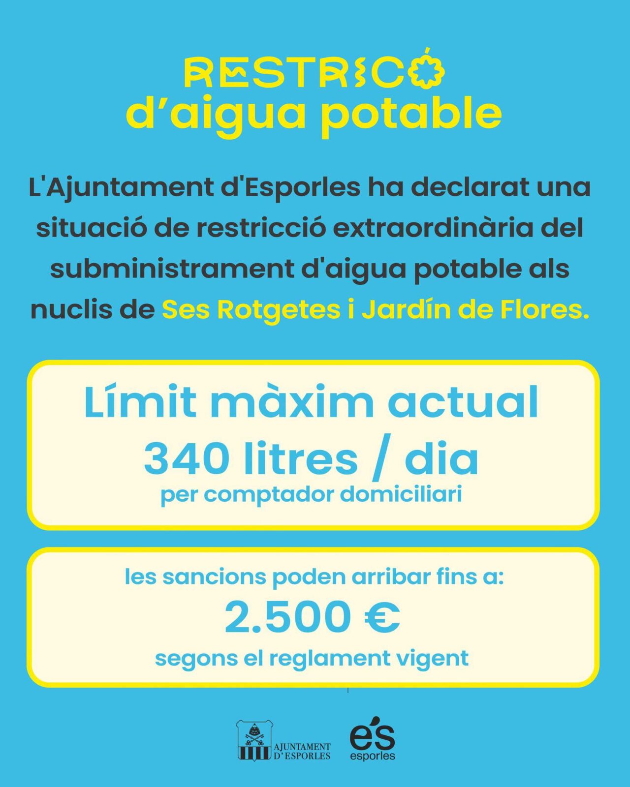 Esporles limita el consum d'aigua a 340 litres diaris per domicili a dues urbanitzacions